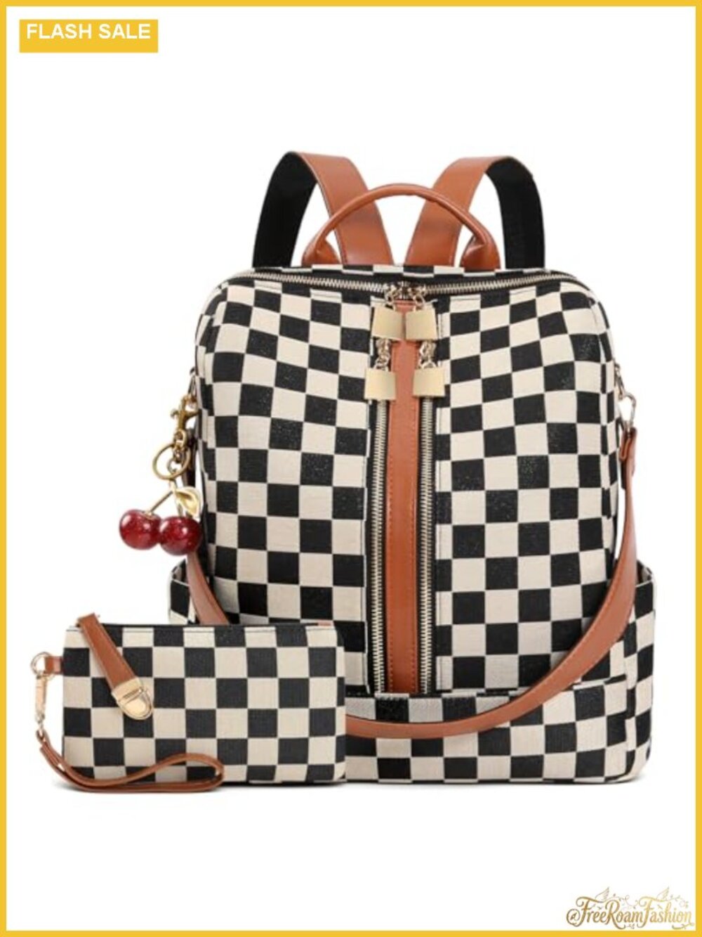 Women's Checkered Canvas PU Backpack Purse with Cherry Pendant Work Travel